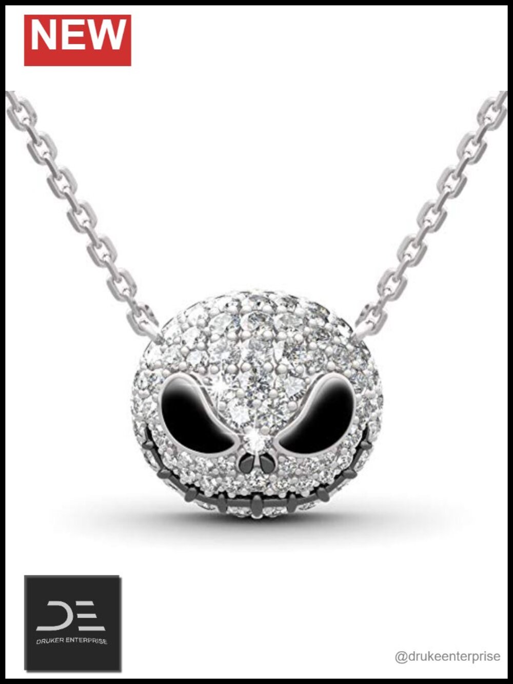 Jack Skull Pendant Necklace 925 Sterling Silver Heart Charm Gothic Nightmare